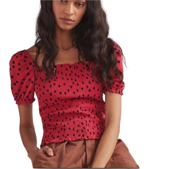 Anthropologie Dolan Red Polka Dot Smocked Puff Sleeve Square Neck Top Size M - Picture 1 of 9